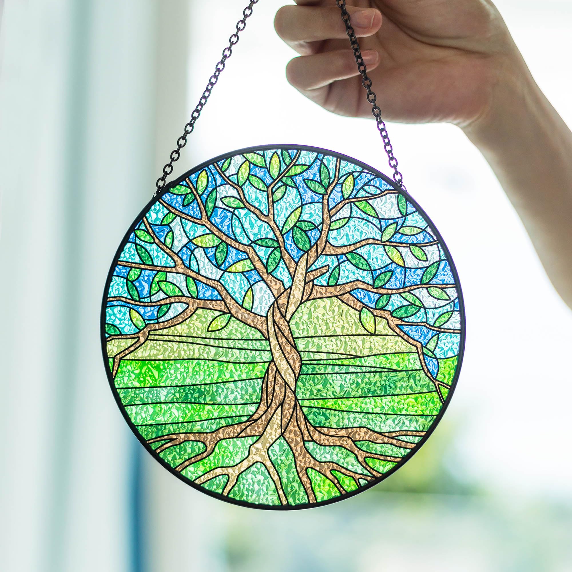 Poranlem Tree of Life Stained Glass Window Hanging Panels Indoor Plant Suncatchers Wall Decor Bedroom Ornament Art Craft Gift