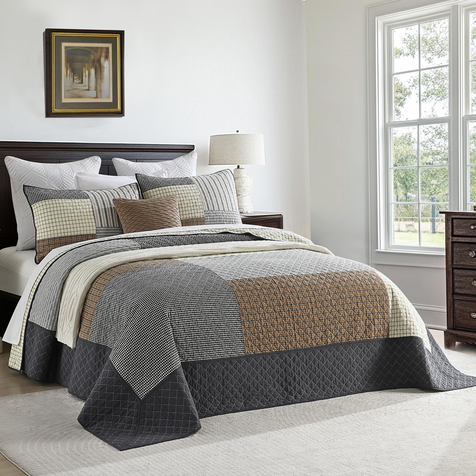 Photo 1 of Bedduvit 100% Cotton 120"x128" Extra Large Quilt Set, Lightweight Oversized California King Bedspread, 3 Pieces Comforter Bedding Set Farmhouse Patchwork Plaid Coverlet Set, Brown/Beige/Charcoal Gray