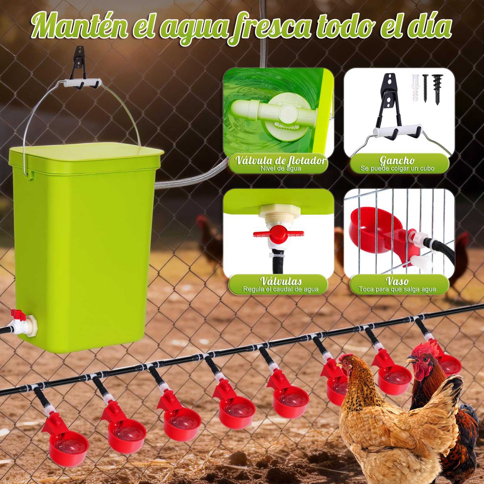 Kit completo de 12 litros de bebedero automático para pollos con válvula flotante, fuente de agua para aves con bebederos, bebedero para pollos, patos, gansos y codornices