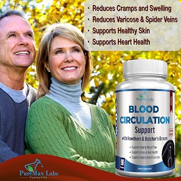 YUMMYVITE Blood Circulation Supplement - with Hawthorn, Butchers Broom, Horse Chestnut, Arginine, Diosmin, Varicose Veins Treatment, Circulation Support - 90 Capsules