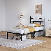 Vista 3 de Marco de cama de metal de 14 pulgadas, marco de cama resistente de tamaño individual con cabecero, plataforma de listones de acero básico negro,