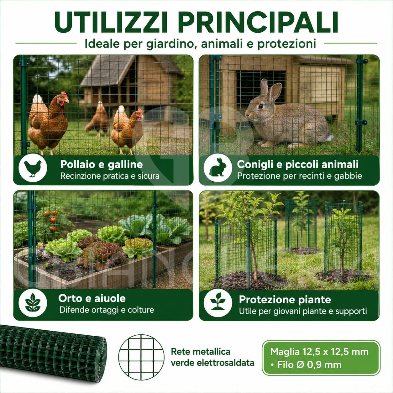 Rete Verde Plastificata Elettrosaldata, Maglia 12,5 mm, Filo 0,9 mm (1 x 25 mt)
