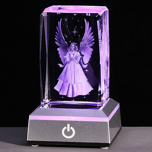 YWHL 3D Crystal Guardian Angel Figurine with Colorful Light Base,