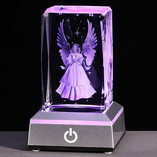 YWHL 3D Crystal Guardian Angel Figurine with Colorful Light Base, Laser Engraved Glass Angel Gifts, Collectible Figurines