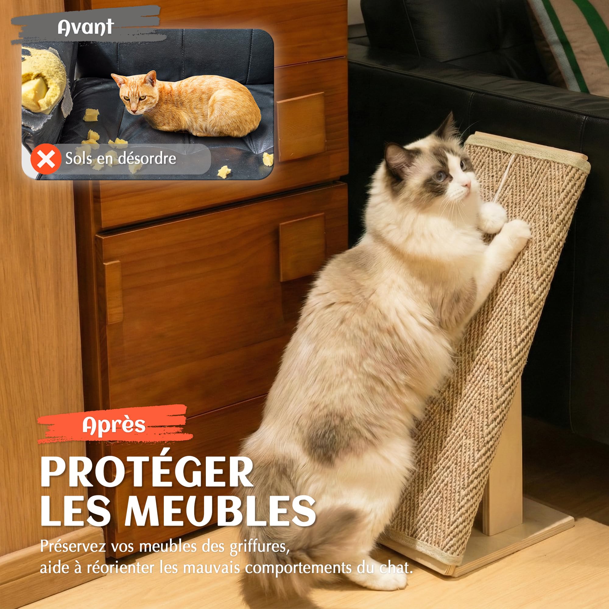 PETKARAY Griffoir chat de 65 cm de haut, avec rampe, meuble griffoir robuste en forme de L comme protection de meubles, griffoir pour chat intérieur, motif chevron