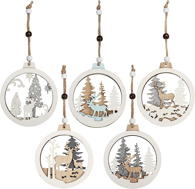 36Pcs Boules De Noël Pendentifs En Bois Avec Corde De Jute & Marqueur,Bricolage Noël Déco Bois à Peindre,6 Motifs De Noël Kit Ornement Bois