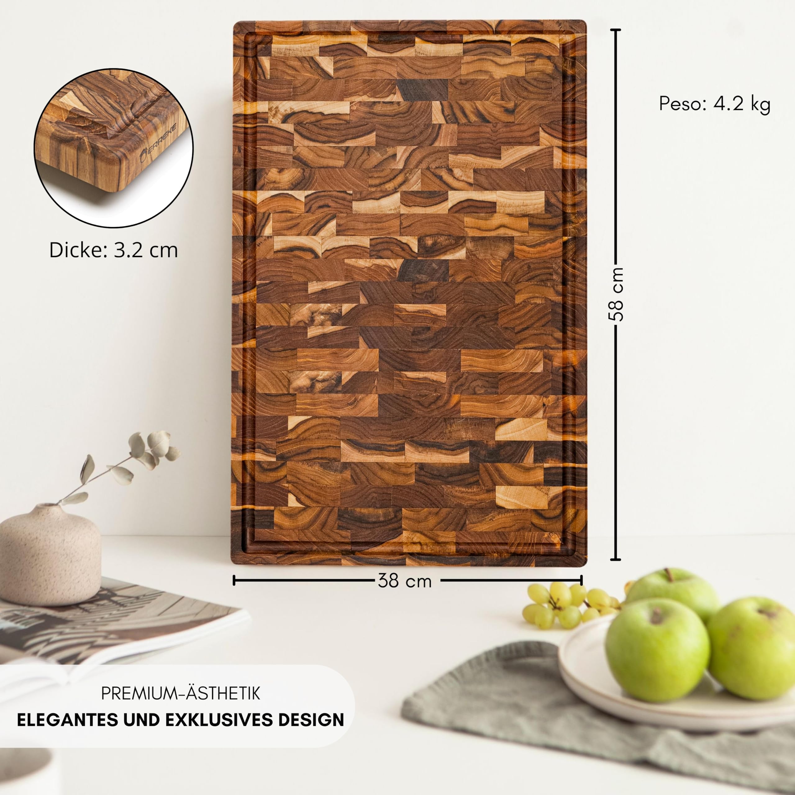 Erreke Schneidebrett aus Teakholz End Grain, 58x38x3,2 cm, Extra Groß | Schneidebrett Holz. mit Saftrille. Rutschfeste Füße und integrierte Griffe. Holz-Schneidebrett Küche