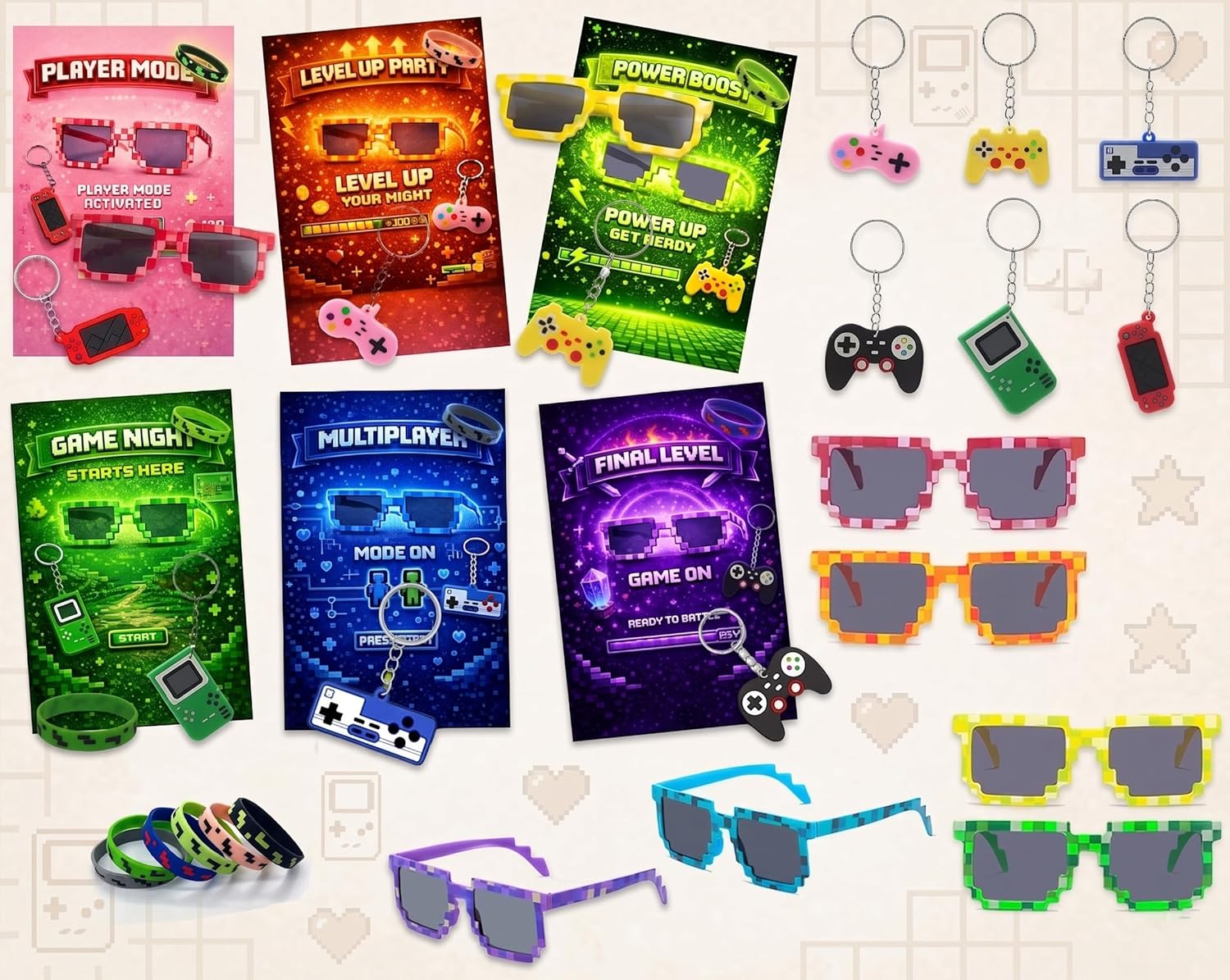 Video Game Party Favors Bulk 12 Sets, Gamer Party Favors with Pixel Sunglasses, Wristbands, Keychains, Game Invitation Cards & Gift Bags, DIY Gaming Party Favors for Birthday, Game Night