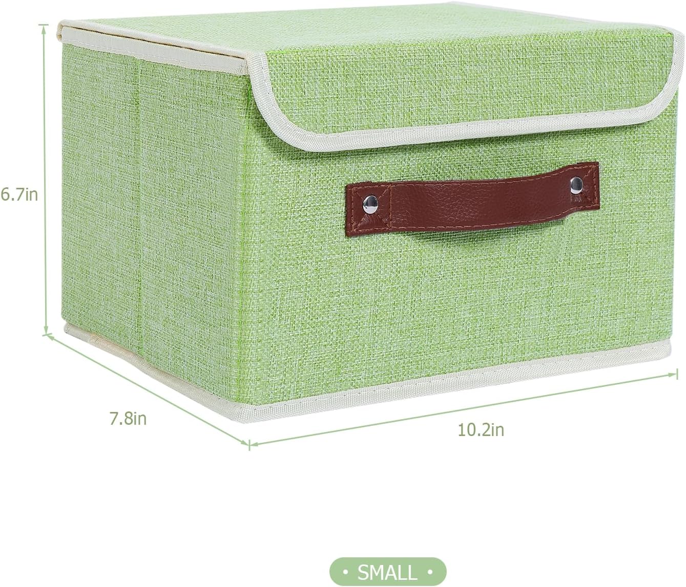 Collapsible Storage Bins With Lids - Linen Fabric Box With PU Leather Handles, Decorative Foldable Closet Organizer Container for Clothes, Office - Small, Green