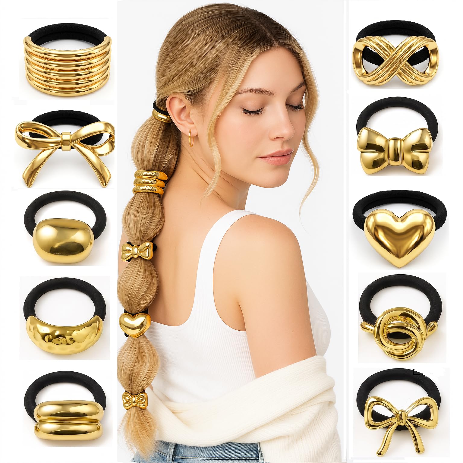 Elina Metal Hair Ties Ponytail Holder Cuffs for Girls & Women, Glossy Elastic, Geometric Design, Head Accessories Fashion Trendy Celebrity Rubber Bands (Gold Color)(Pack of 3 Pcs Random)-image-4