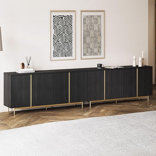 Vista 12 de BELLEZE Colemen - Armario de buffet aparador, armario de almacenamiento de 63 pulgadas con puertas decorativas estriadas, mesa consola moderna