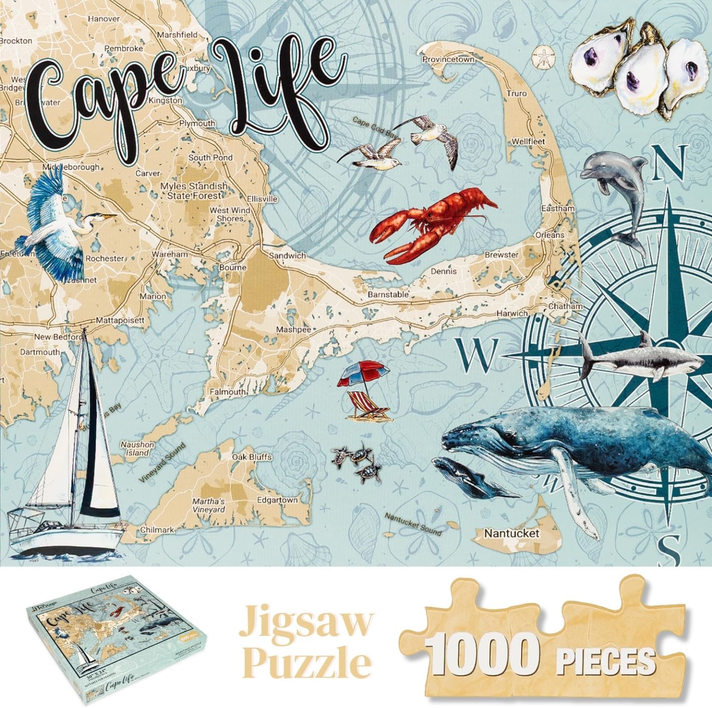 Heritage Puzzle - Cape Life by Kira Talerico 1000 Piece Puzzle for Adults - Illustrated Map of Cape Cod and Massachusetts Islands Jigsaw Puzzles - Suitable for Framing 30" x 24" Finished Size