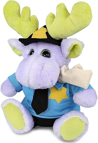 DolliBu Juguete de peluche de alce morado sentado Alce suave con bufanda, disfraz de animal de peluche con lindo uniforme de policía y traje de