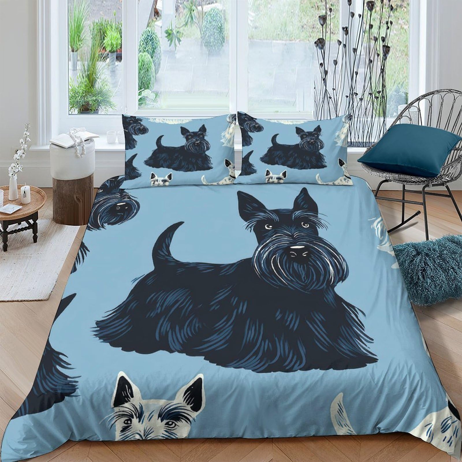 Ctjqhvkz Style-4 3D Printed Scottish Terrier Fitted Sheet Microfiber Blue Dog Pattern Mattress Cover For Bedroom Dorm Easy Care Single（135X200cm）