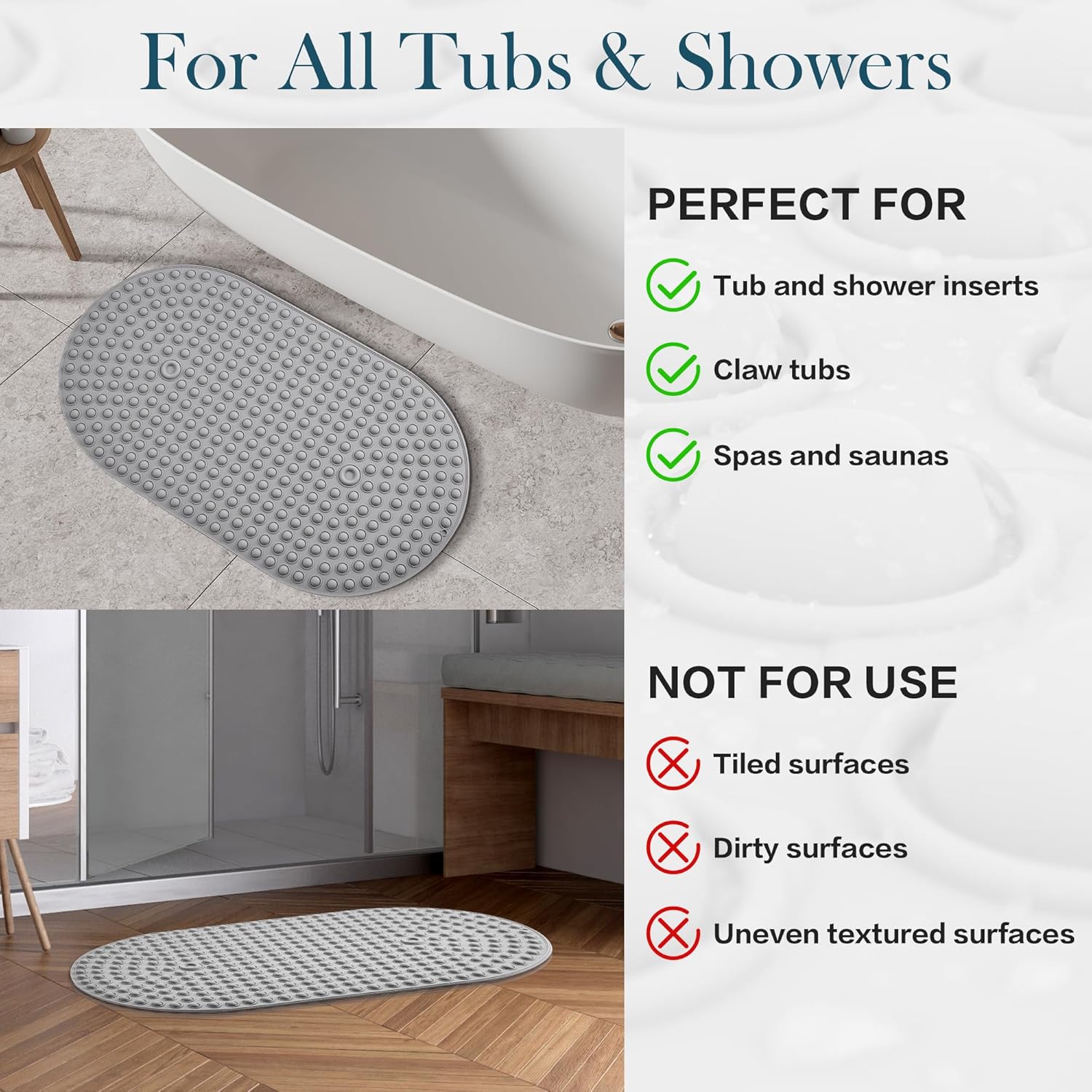 Silicone Bath Mat for Tub Non Slip, Bubble Massage Anti Slip Shower Mat with 27 x 15 Inches for Easy Storage, Washable Bathtub Floor Mats for All Ages, Grey, Oval - Image 7