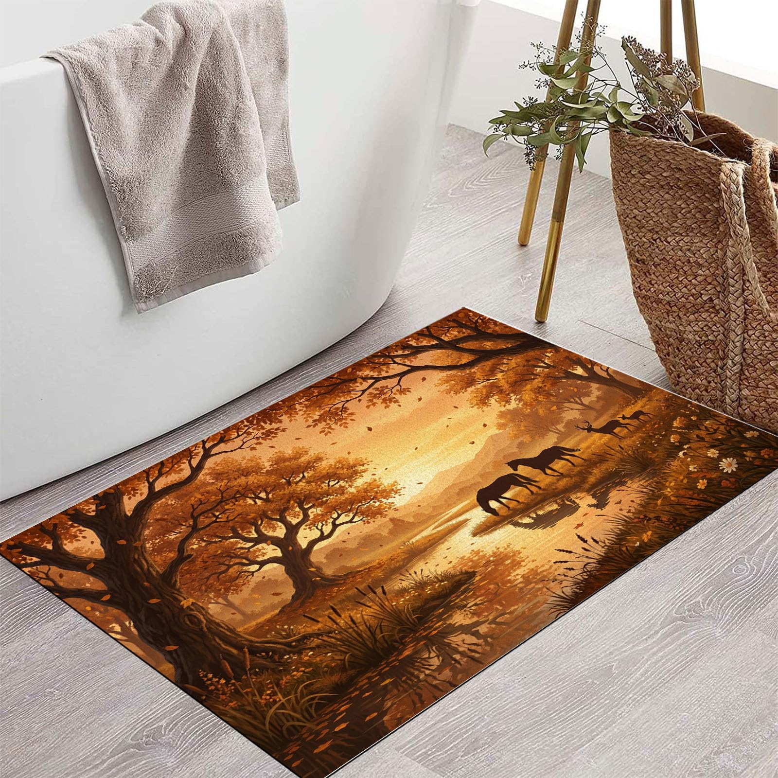 Ultradünne Herbstlicher Flusswald Fußmatte Für Innenbereich, 80X120Cm Waschbar Teppich Für Eingangsbereich, Sonnenuntergangstiere Schmutzfänger Fussmatten, Orange Farbe Rutschfeste Eingangsmatte