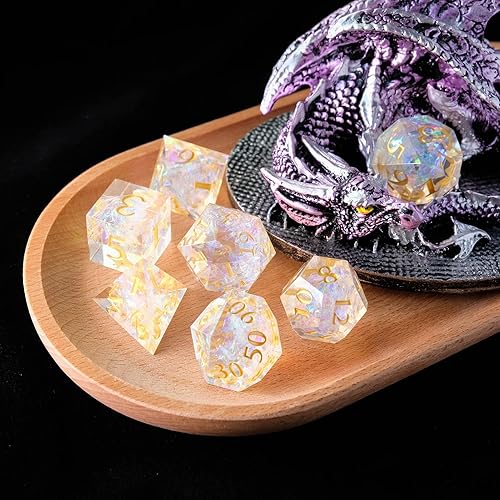 Miniatura 7 de DND - Juego de dados de resina con borde afilado, hecho a mano, 7 piezas poliédricos RPG MTG D&D con estuche de regalo (amarillo)