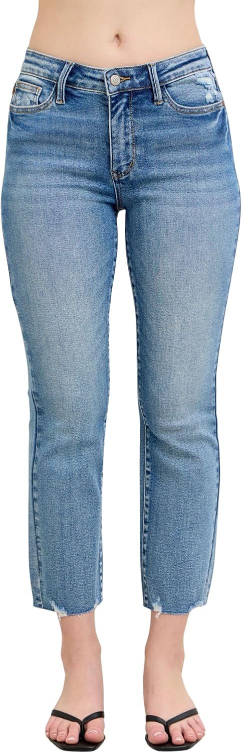 Judy Blue Mid Rise Vintage Wash Destroy Hem Kick Flare, Inseam 26" - Image 8