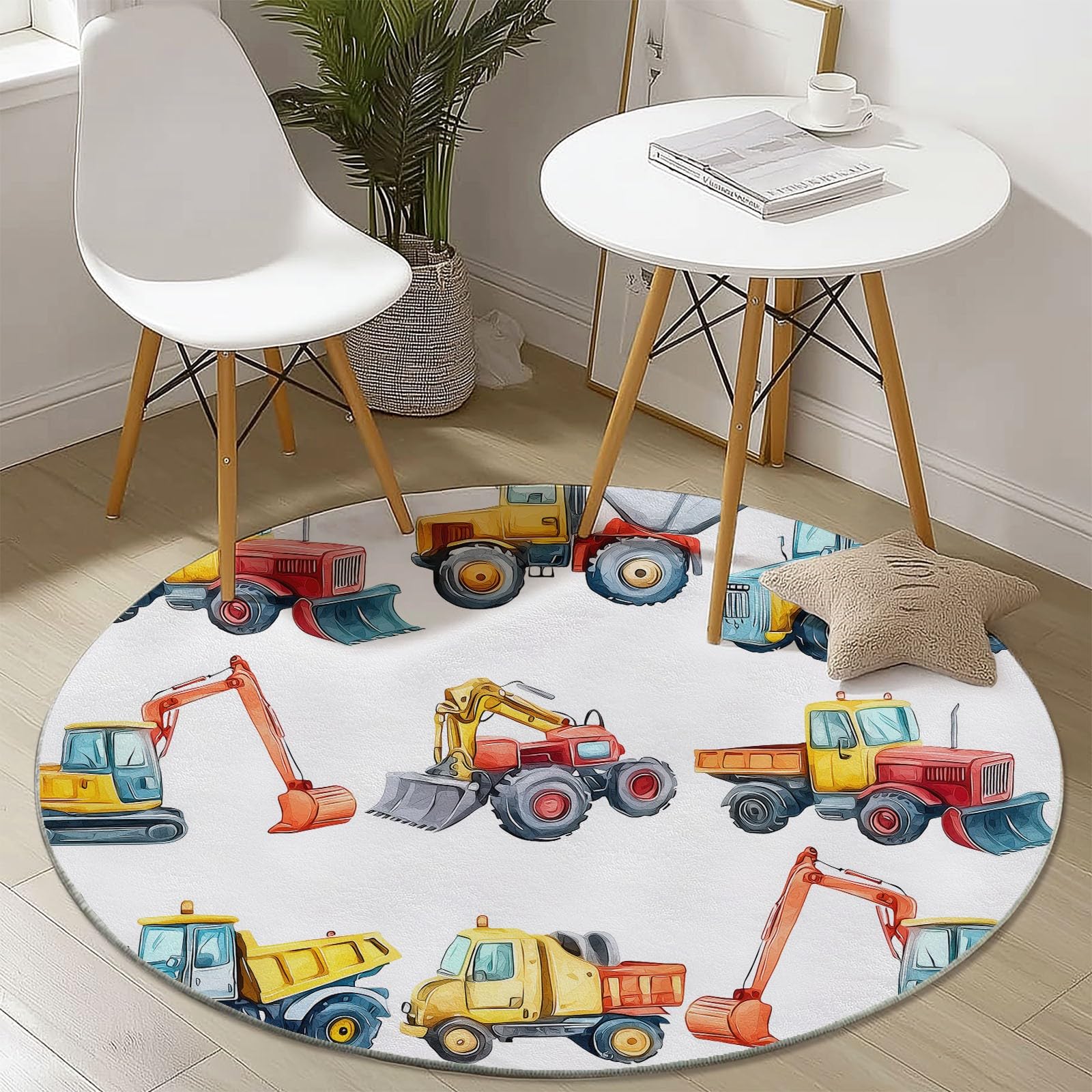 Generico Tappeto rotondo per soggiorno Modello Di Veicolo Da Costruzione, Stile Cartone Animato Tappeto morbido antiscivolo per sala da pranzo, camera da letto, cameretta bambini, 150 cm, Bianco