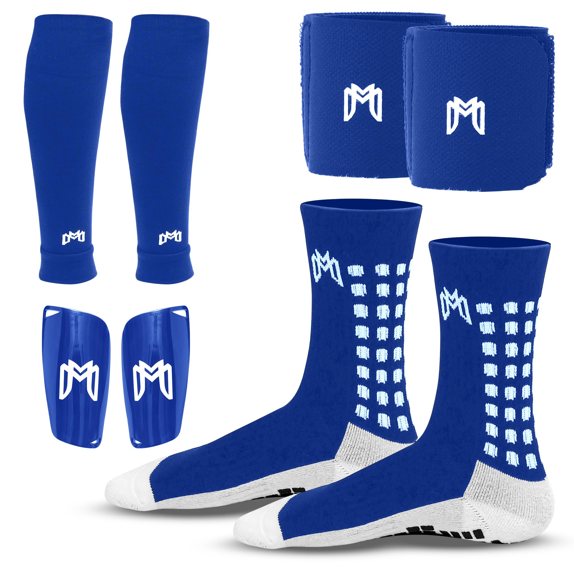 MediCaptain Paquete de calcetines de agarre de fútbol, espinilleras, mangas precortadas y correas de protección, equipo esencial para jugadores de fútbol, para hombres, mujeres, jóvenes, talla 7 a 12