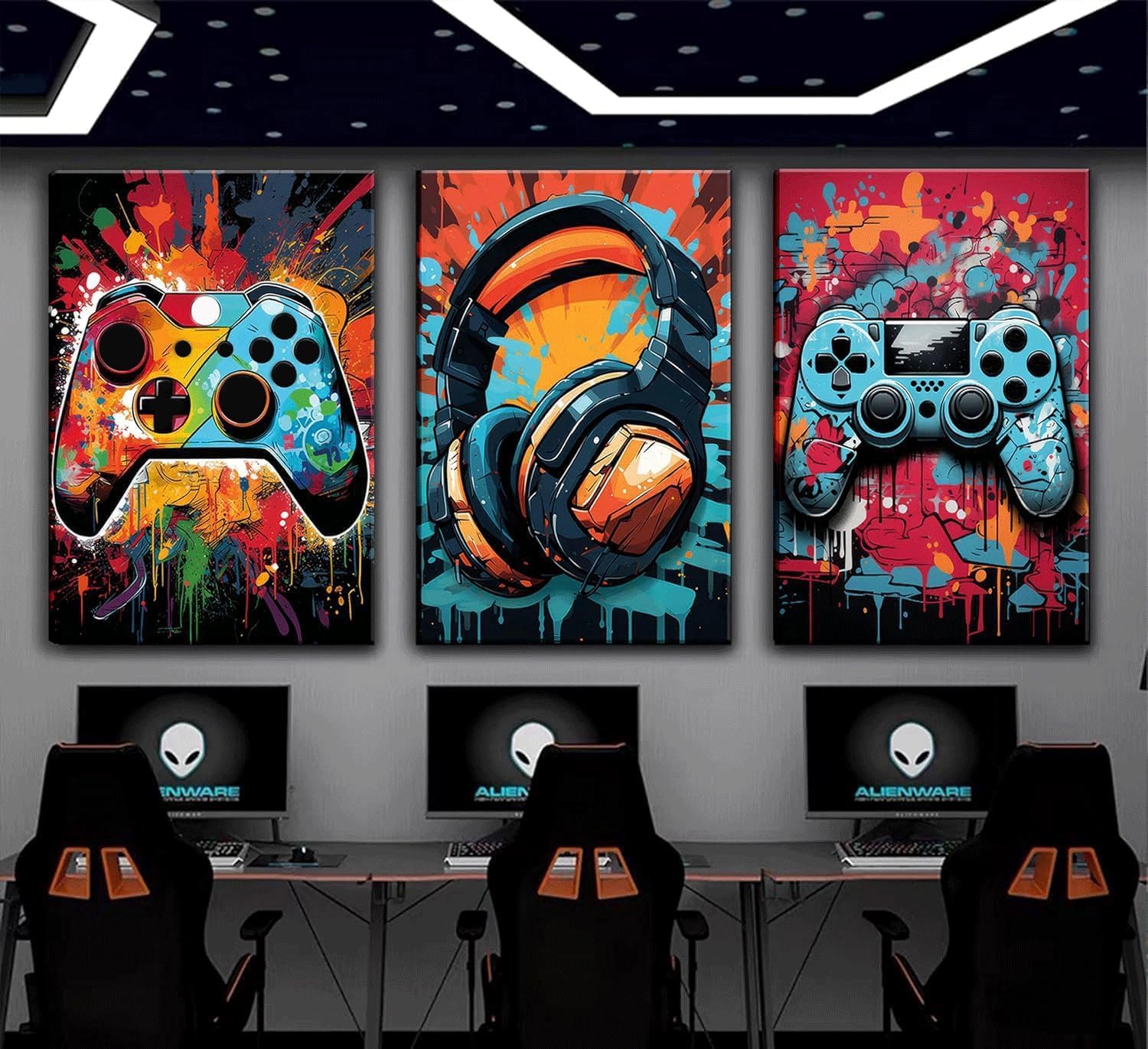 3Pcs Cool Gaming Wall Art Retro Video Game watercolor Posters Pictures Colorful Neon Gamepad Canvas Painting Prints for Boys Room Kids Game Room Bedroom for Boys Home Decoration Ready to Hang 16x24in
