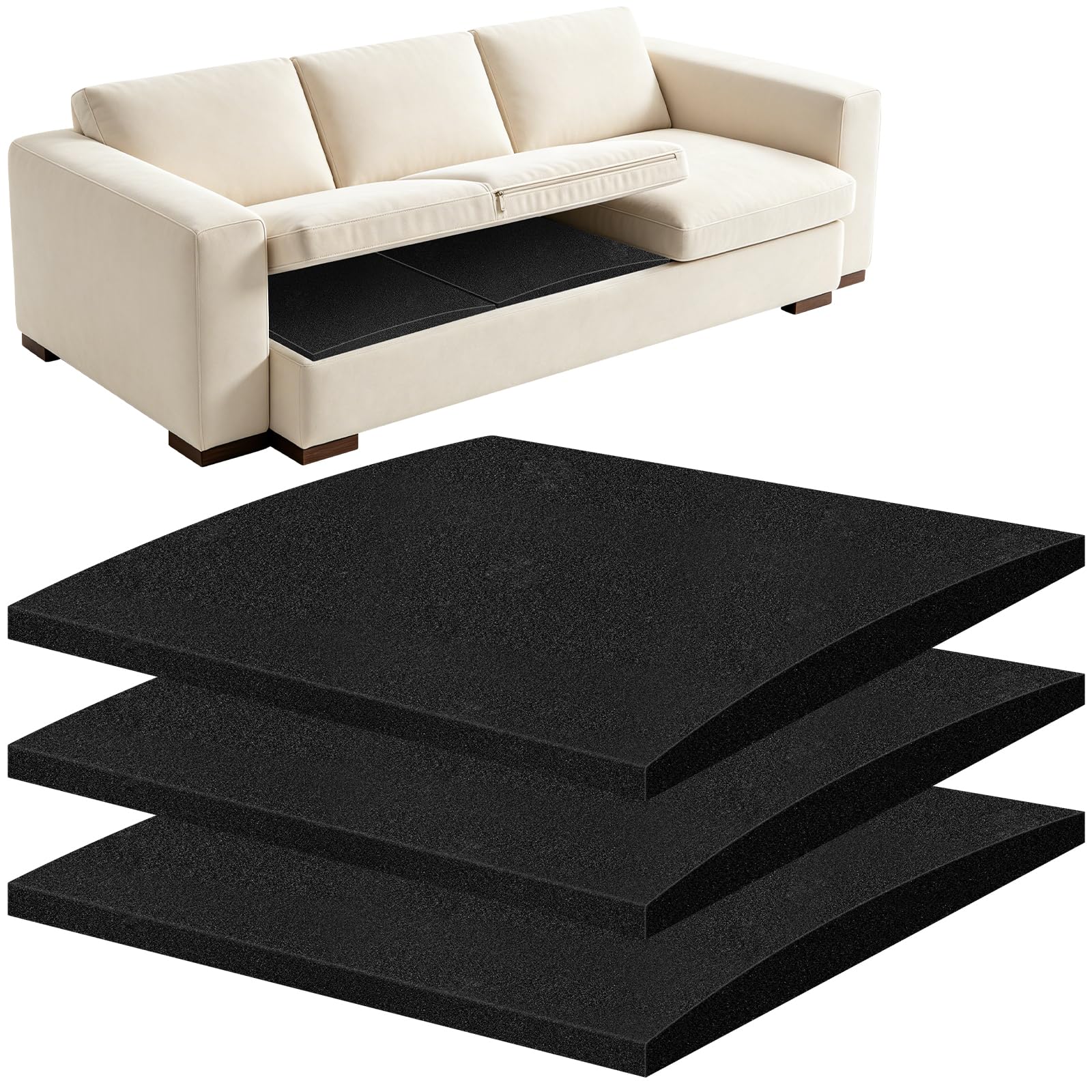 3 PCS Tabla de Soporte Resistente para Sofá Asiento Hundido, Cojín Espuma Alta Densidad 42D, Almohadilla Repuesto Compatible Sofá Cama Esquinero (Negro)