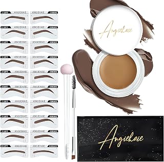 Eyebrow Stamp Stencil Kit (Light Brown) Pencil, Long-lasting Pomade Brow Definer, 24pc Stencils Thick and Thin, 2 Dual Ended Brush Sponge Applicator for Natural & Perfect Make-up