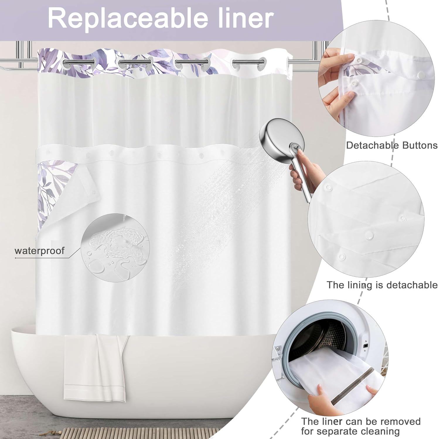 No Hook Shower Curtain with Snap in Liner Set, Purple Hummingbird Eucalyptus Design, Waterproof Fabric Floral Shower Curtains for Bathroom Decor with See Through Mesh Top Window 71x74 Inch