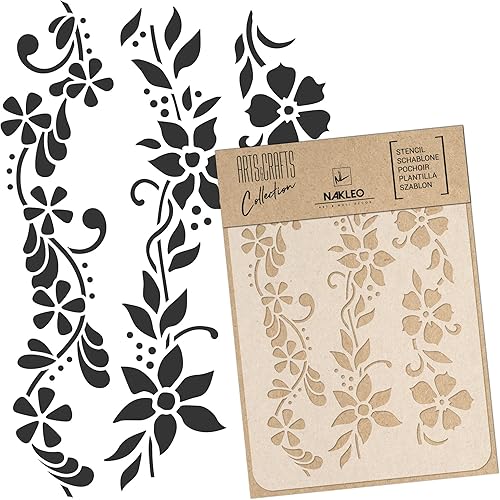 NAKLEO - Plantilla de plástico reutilizable para bricolaje, 8.3 x 11.7 pulgadas, mini borde de flores, patrón de pintura de pared, decoración de