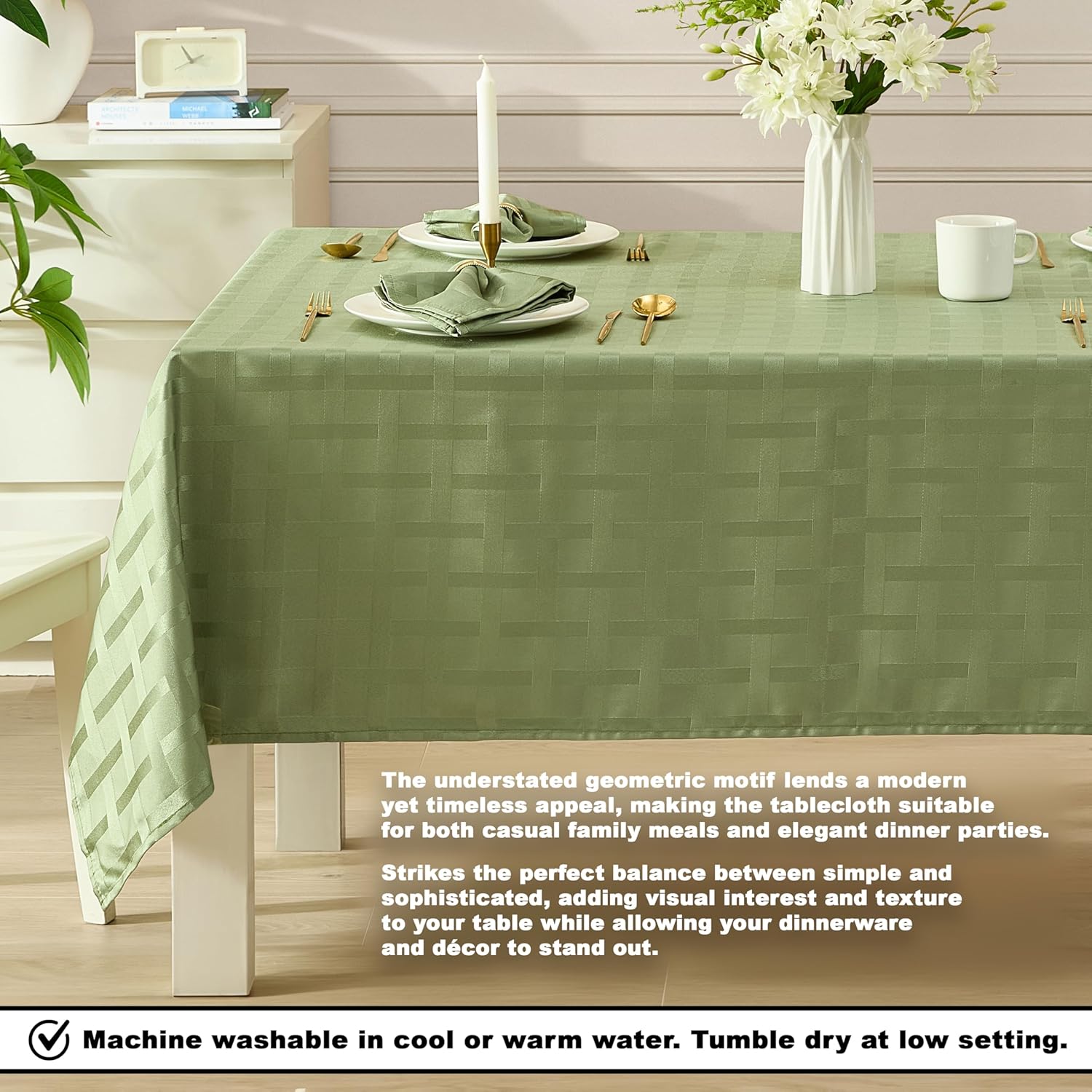 Newbridge Paige Contemporary Woven Block Pattern Fabric Tablecloth, 60 x 84 Inch Oval, Sage Green – No Iron, Soil Resistant Table Cover for Dining, Parties and Holidays