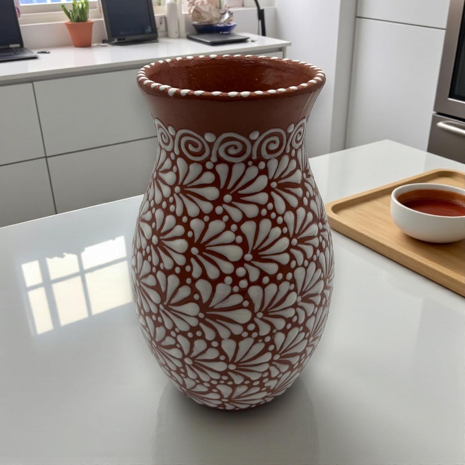 Brown & White Talavera Vase | Handcrafted Relief Pottery