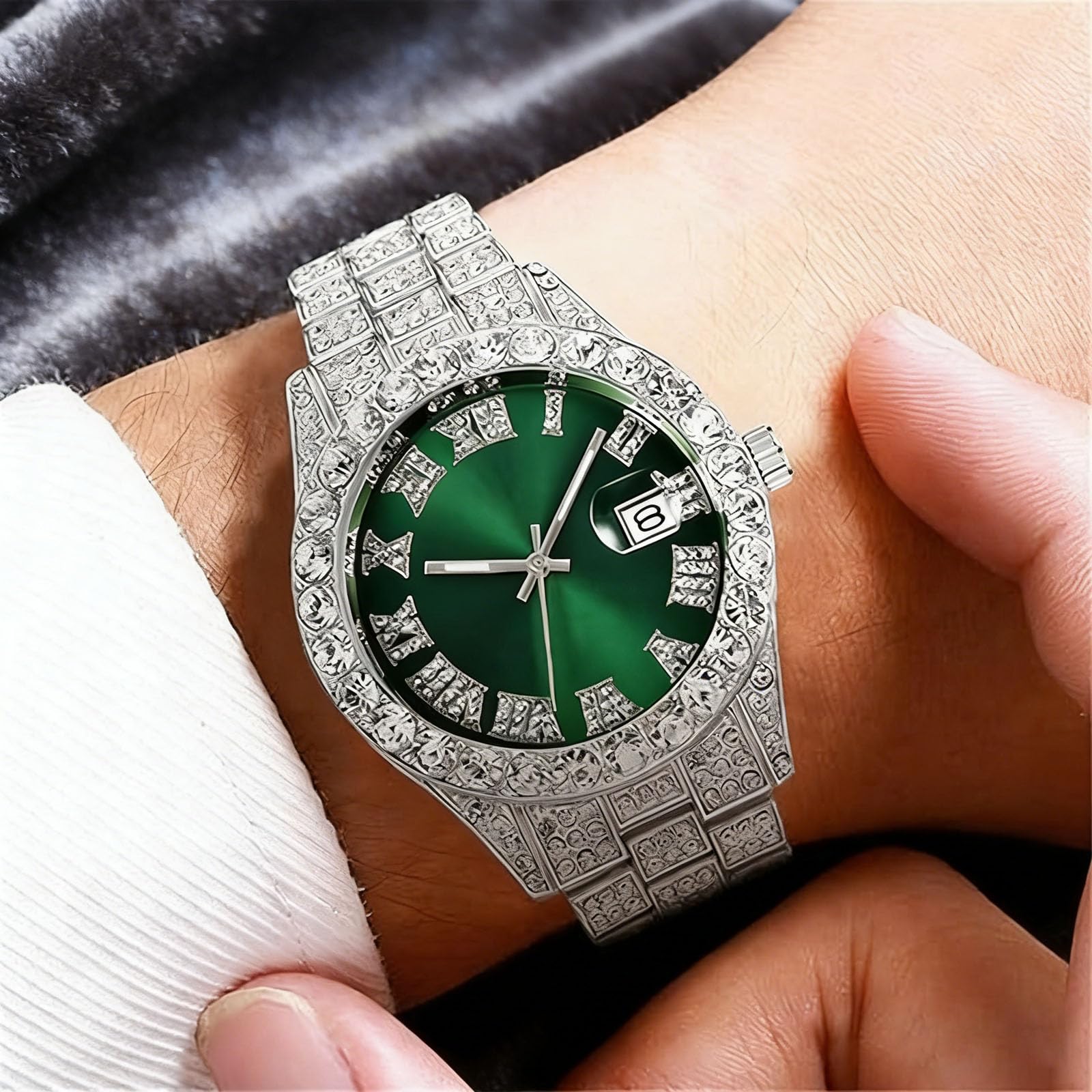 Paquete de 3 relojes con diamantes para hombre, calendario, acero inoxidable, hip hop, esfera grande, números romanos, esfera de cuarzo, juego a granel para hombre