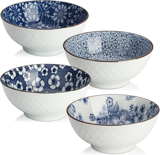 Y YHY Ceramic Cereal, Soup, Salad Bowls, 16 Ounces Japanese Bowls, Set of 4 Assorted Designs, Blue and White
