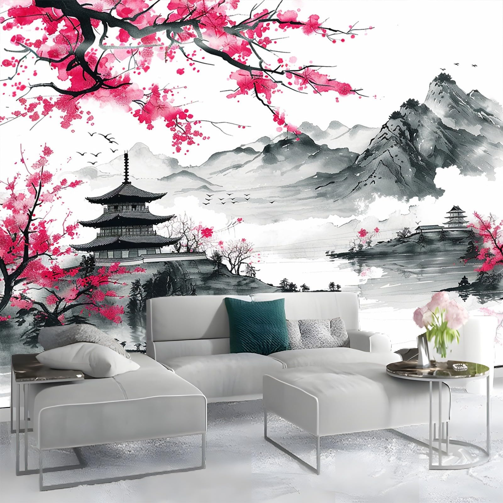 Fotomurales infantiles Flores De Cerezo Japonés Sobre Fondo Blanco. Papel Tapiz 200 x 140 cm Estilo Tradicional De Pintura De Tinta Oriental Fotomurales 3D Tv Fondo Pared Moderno Dormitorio Murales