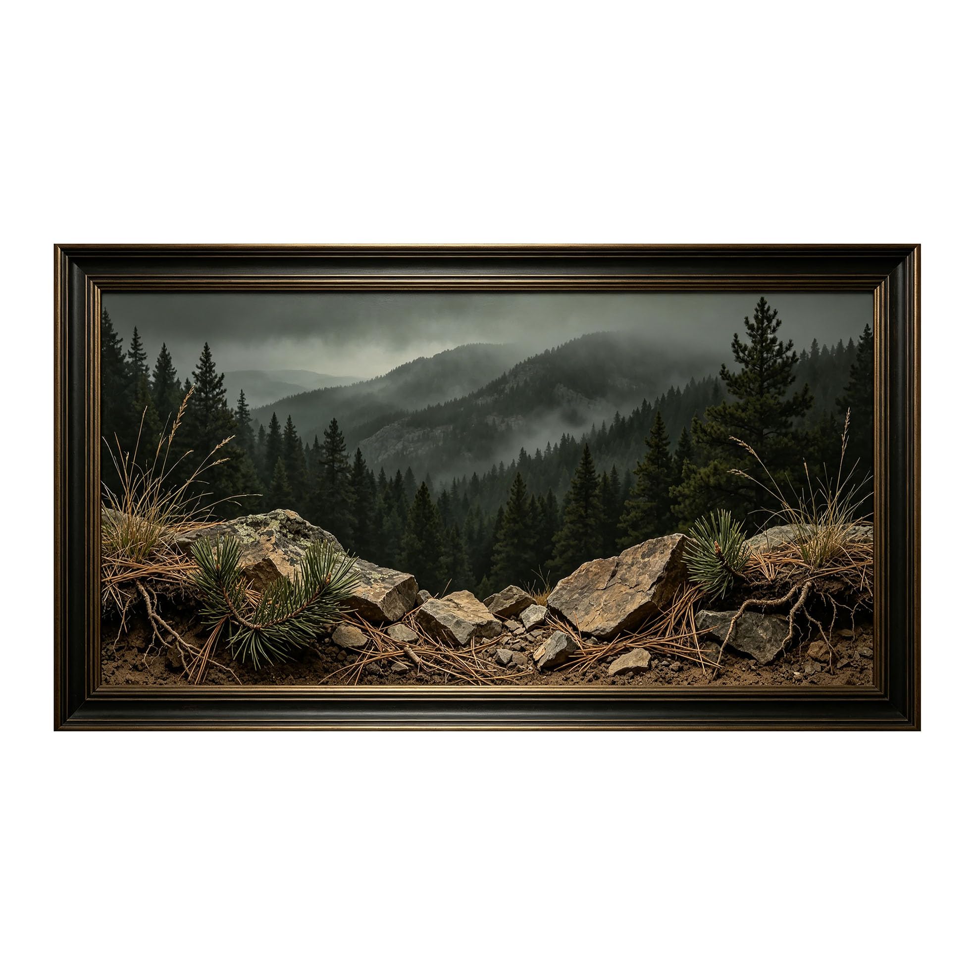 Yzpallescene 3D Framed Wall Art 50cm×100cm Misty Mountain Pine Wilderness Panoramic Photography Large Size SelfAdhesive Removable Wall Decor Prints Artwork for Living Room Bedroom Office