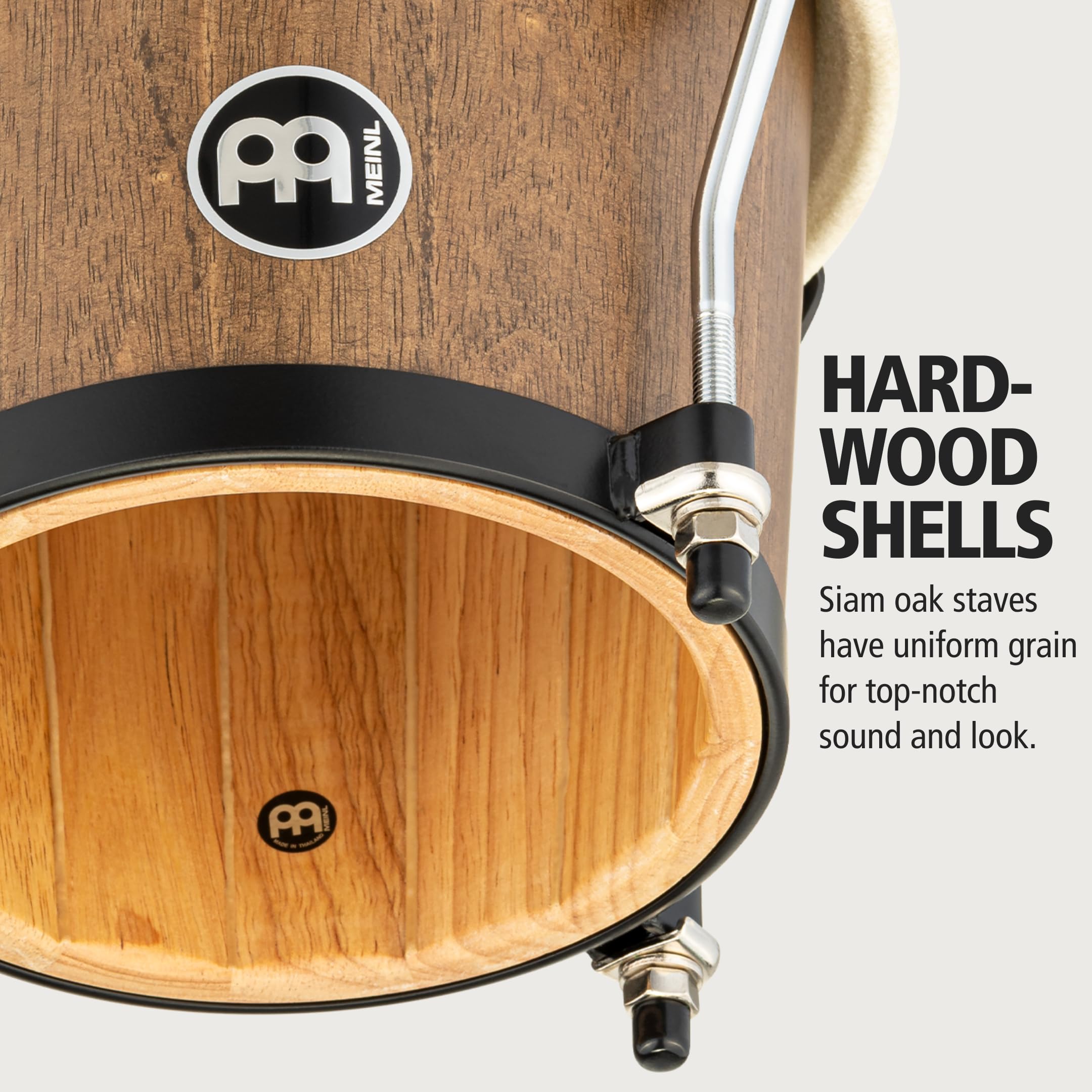 Meinl Percussion Bongos Headliner Wood - 2 Tamburi a Mano da 6.75 e 8 Pollici - Chiave Accordatura Inclusa - Quercia del Siam, Brown (HTB100WB-M)