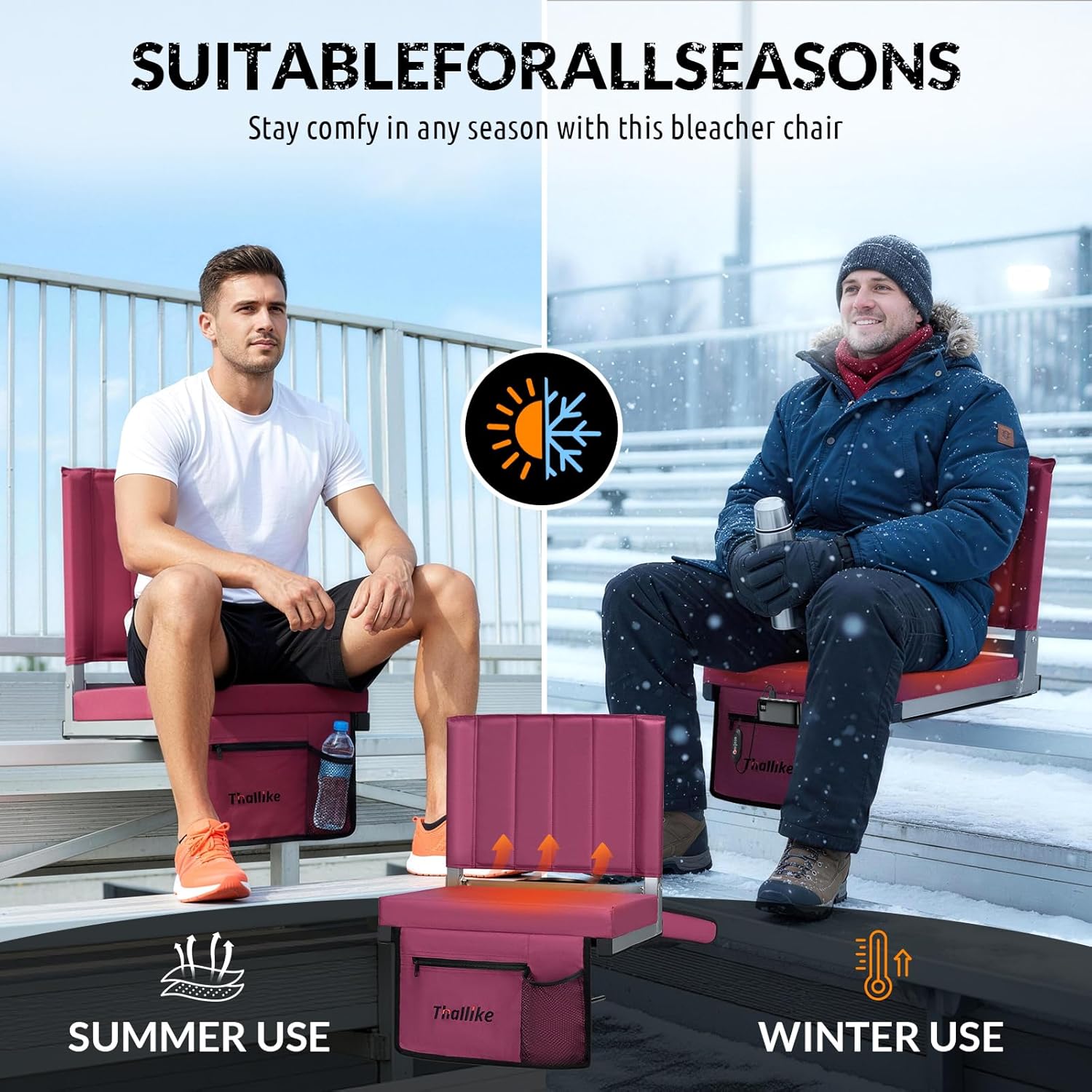 Stadium Seat for Bleachers with Back Support, Foldable Bleacher Seat Padded Stadium Chair Portable Bleacher Chairs with Large Pocket and Cup Holder for Camping Games & Outdoor Events