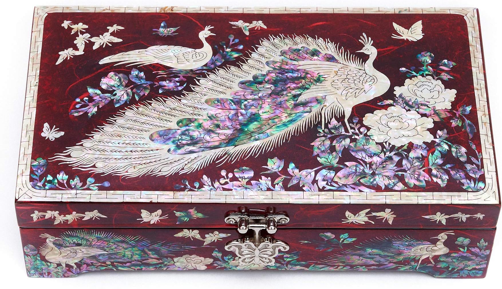 MADDesign Mother of Pearl Lacquered Jewelry Box Peacock Removable Ring Tray Red
