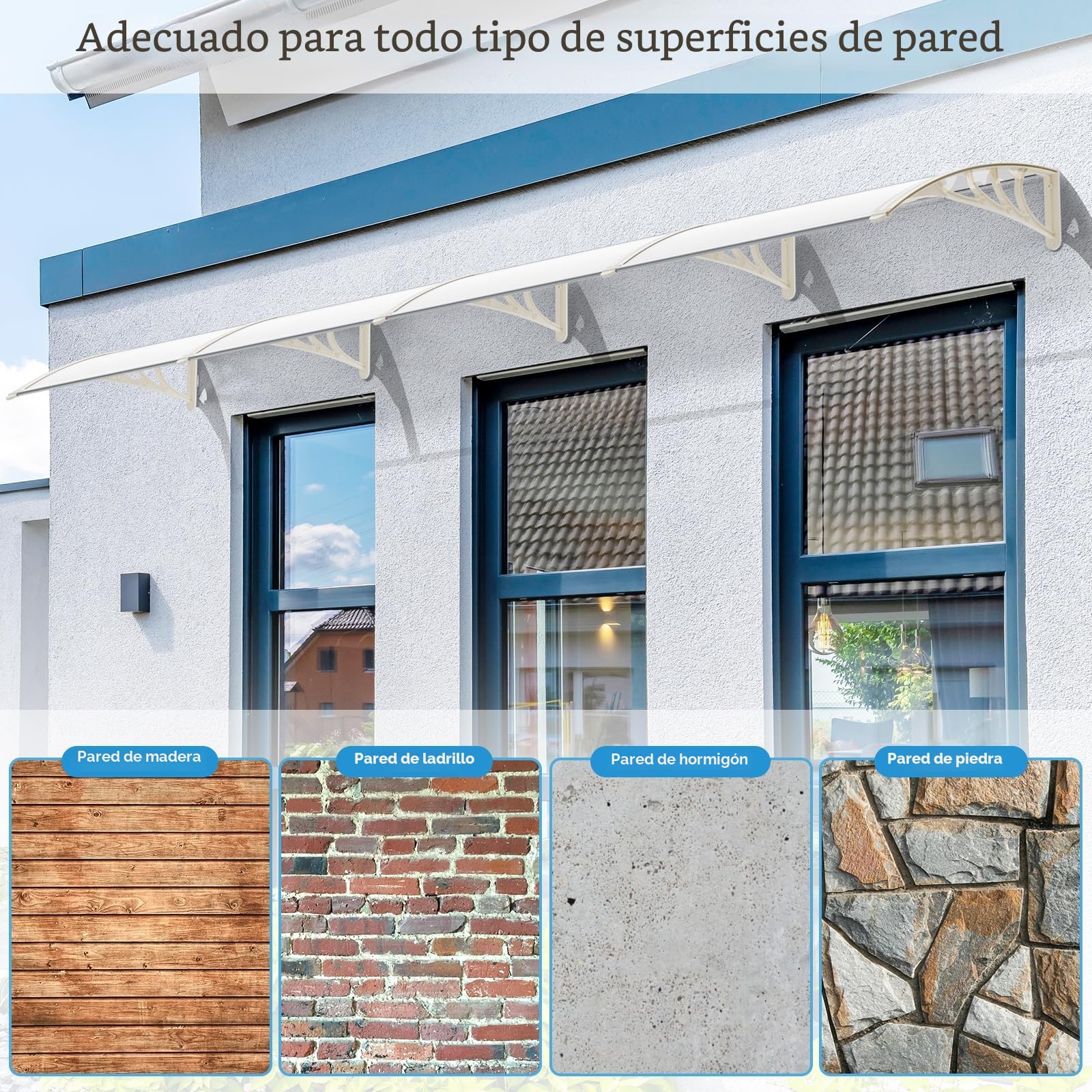 LIFERUN Marquesina para puerta principal, 270 x 98,5 cm, toldo transparente, soporte de policarbonato, tiras de aluminio reforzadas, toldo para ventana, toldo para reprimir, protección solar y