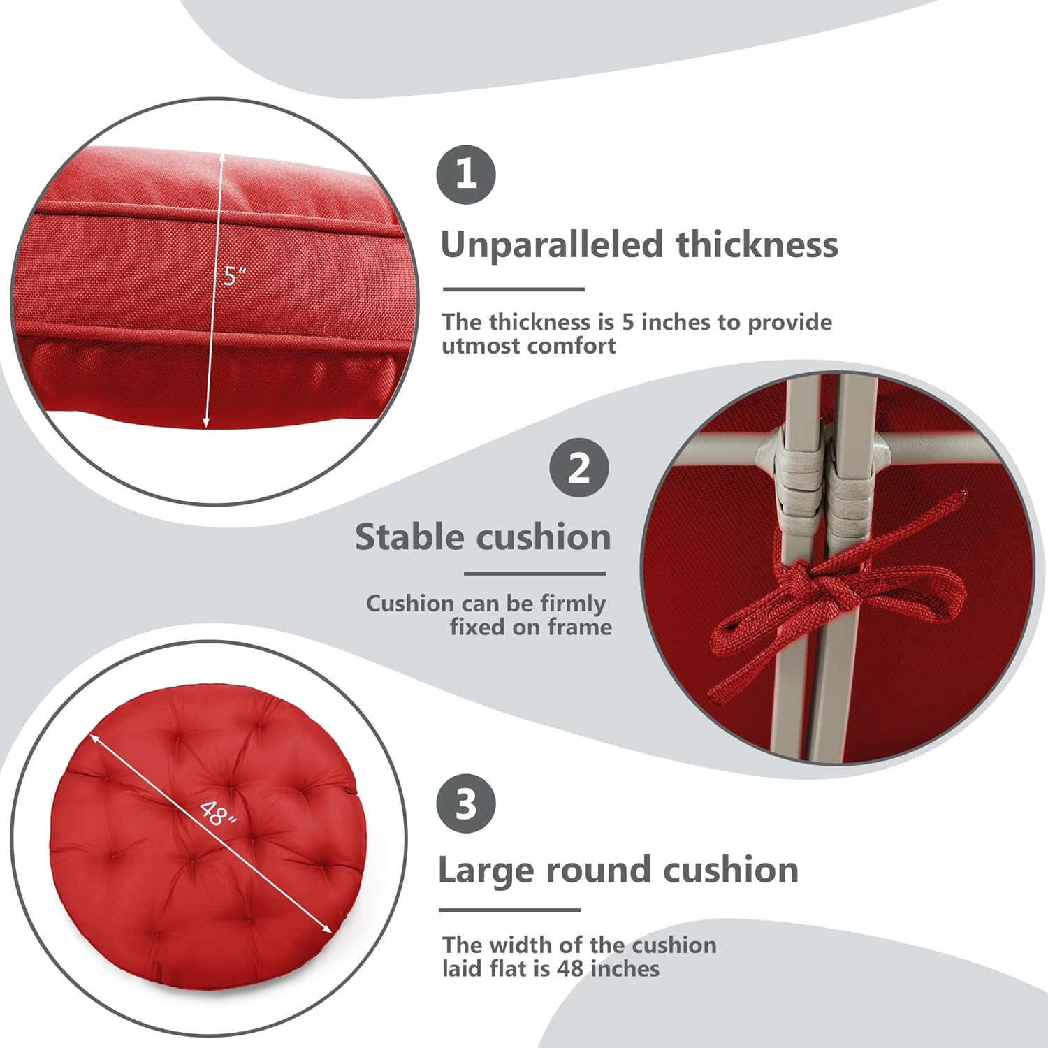 Papasan Chair with Cushion and 360° Swivel Base, Papasan Lounge Chair with Cushion and Sturdy Frame, Large Saucer Chair, Lazy Chair, Circle Chair, Round Chair, Light Grey/Red