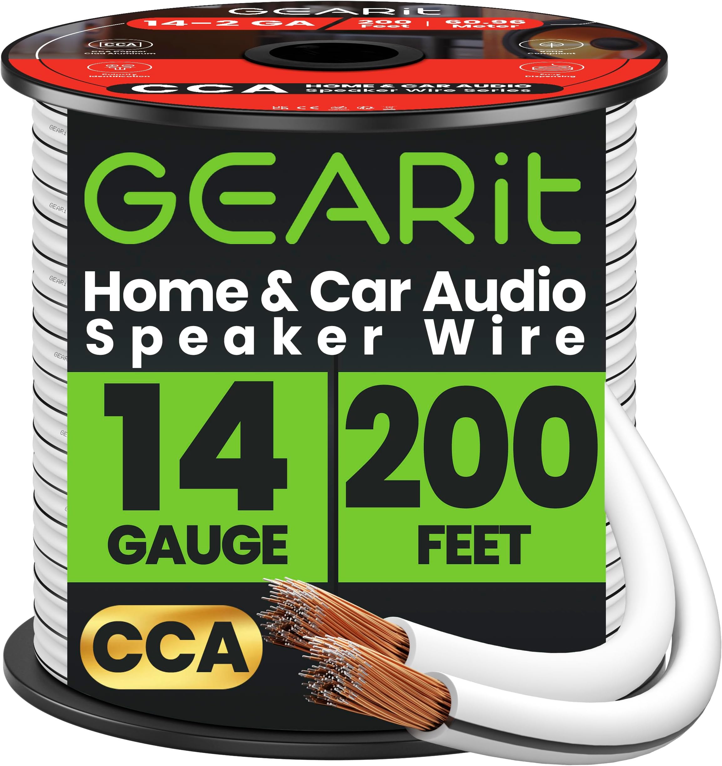 GearIT Speaker Wire Audio Cable CCA 2x2.5mm≤ (60.96 Meters - White) Copper Clad Aluminum - Great for Hi-Fi Home Theater and Car Speakers - 14 Gauge AWG, 200 Feet