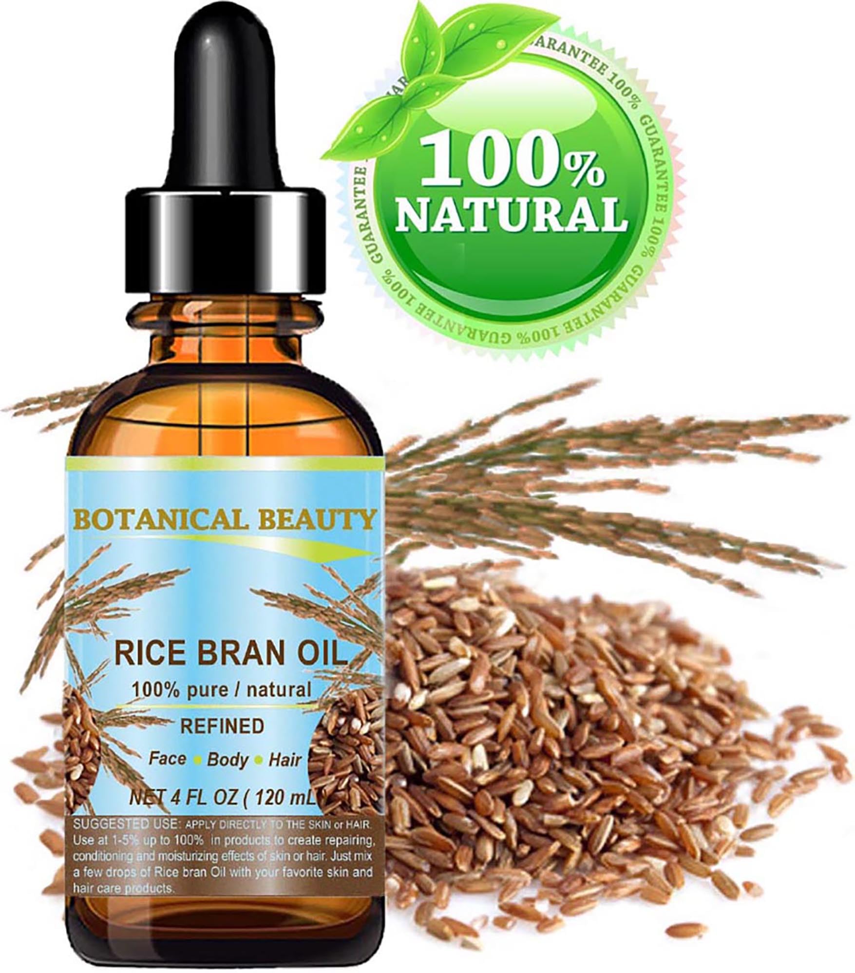 Botanical Beauty RICE BRAN OIL 100% Pure Natural Refined Undiluted Cold Pressed Carrier Oil for Face, Skin, Body, Hair, Massage, Nails. 4 Fl. oz - 120 ml