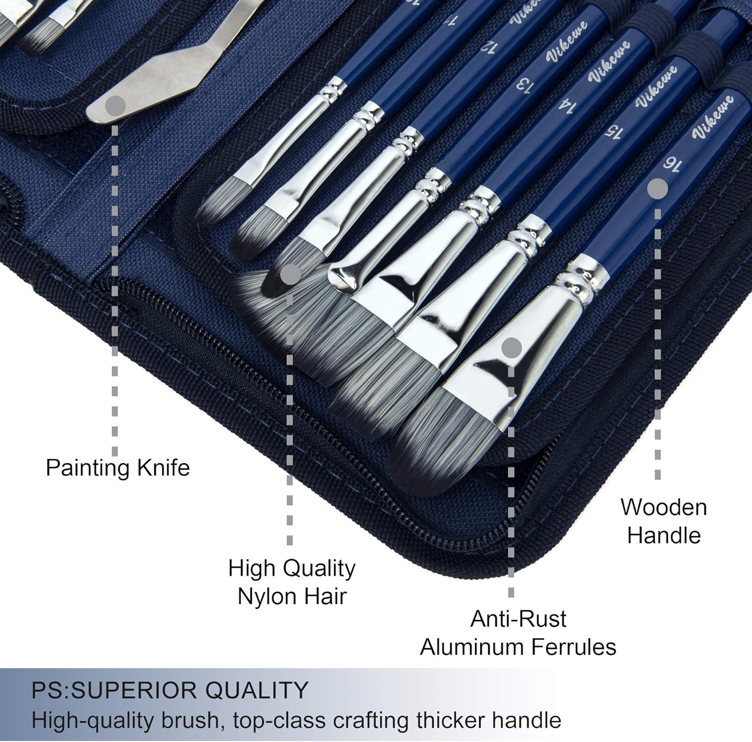 Artist Paint Brush Set - VIKEWE 16 Different Sizes Paint Brushes with Oil Painting Knife and Sponge, Suitable for Acrylic, Watercolor, Oil and Gouache Painting, Perfect for Artists Kids - Blue