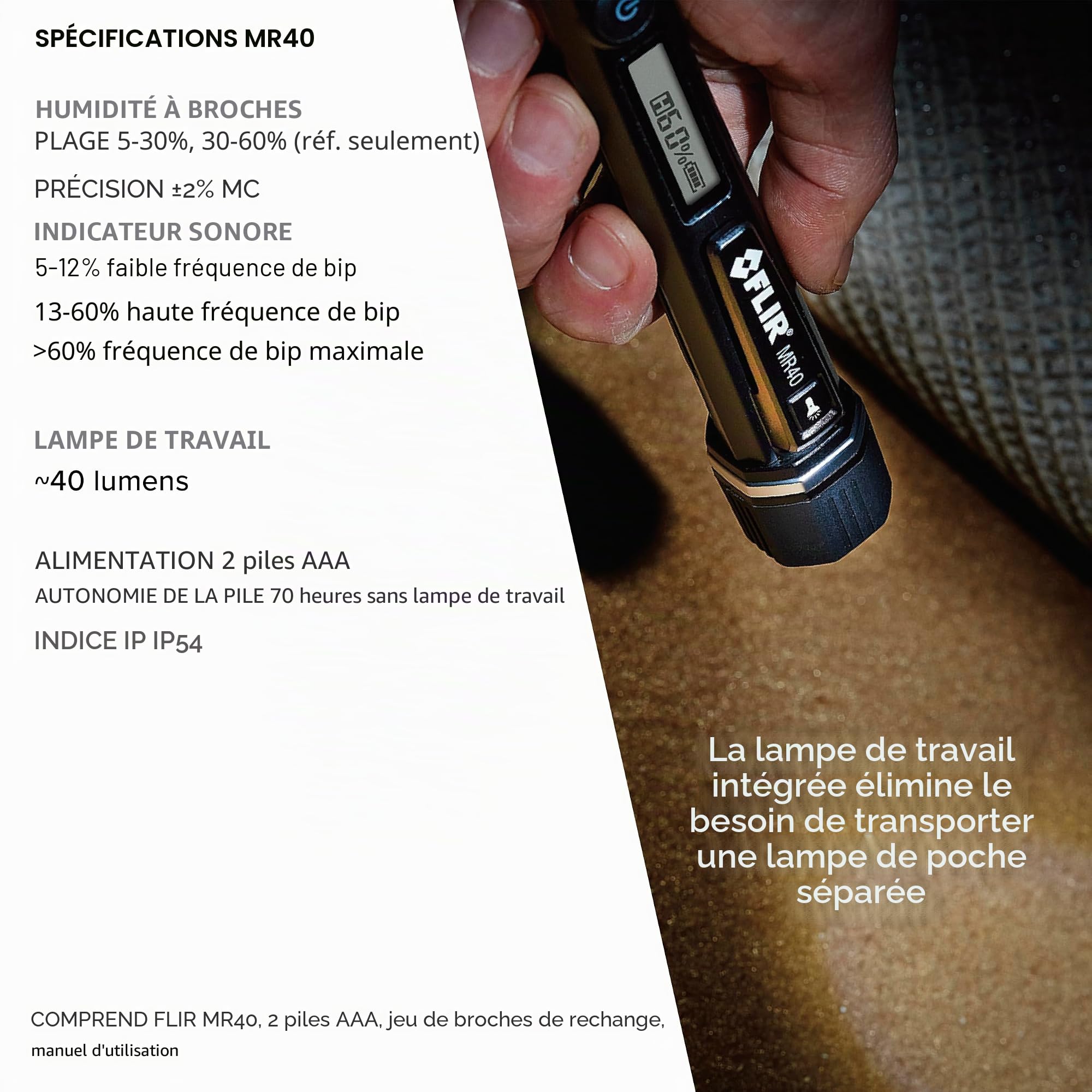 FLIR MR40 Humidimètre Stylo + Lampe De Poche, Portable, Robuste, 2 Broches, À Échelle Unique, Avec Lampe De Poche Intégrée Pour Le Bois Et Les Matériaux De Construction Courants | Échelle unique, bois et matériaux construction, IP54, chute 3m, broches rem