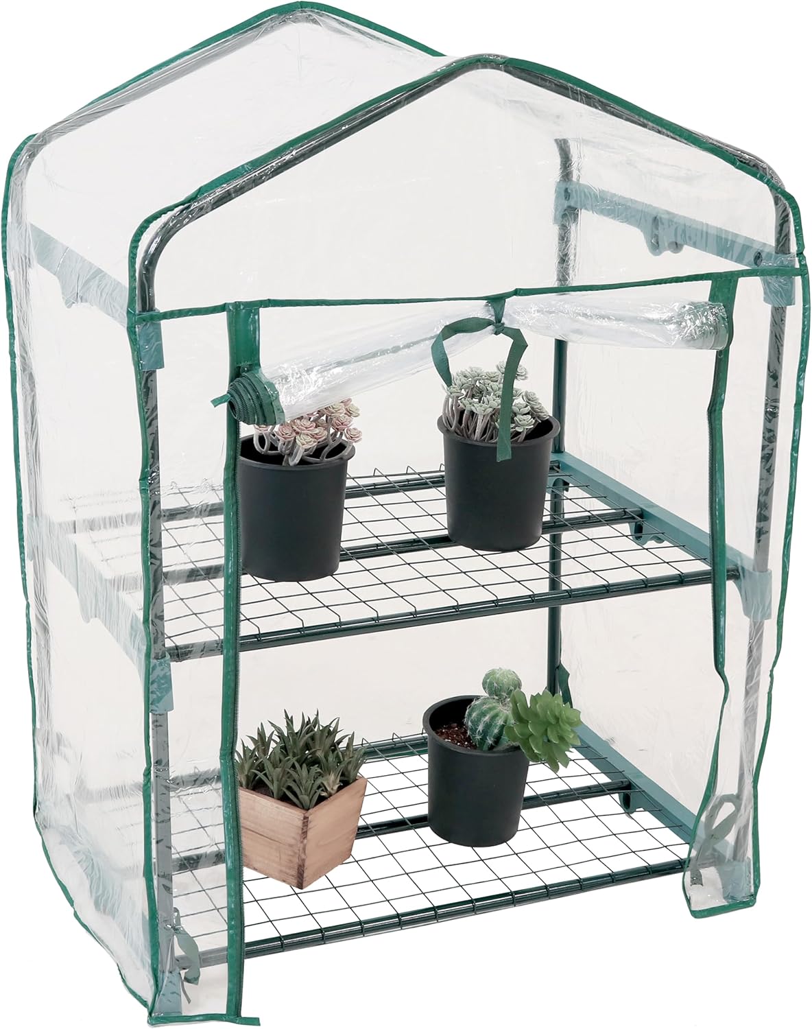 Sunnydaze Outdoor Portable 2-Tier Mini Greenhouse with Roll-up Zippered Door and Steel Wire Shelves - Clear
