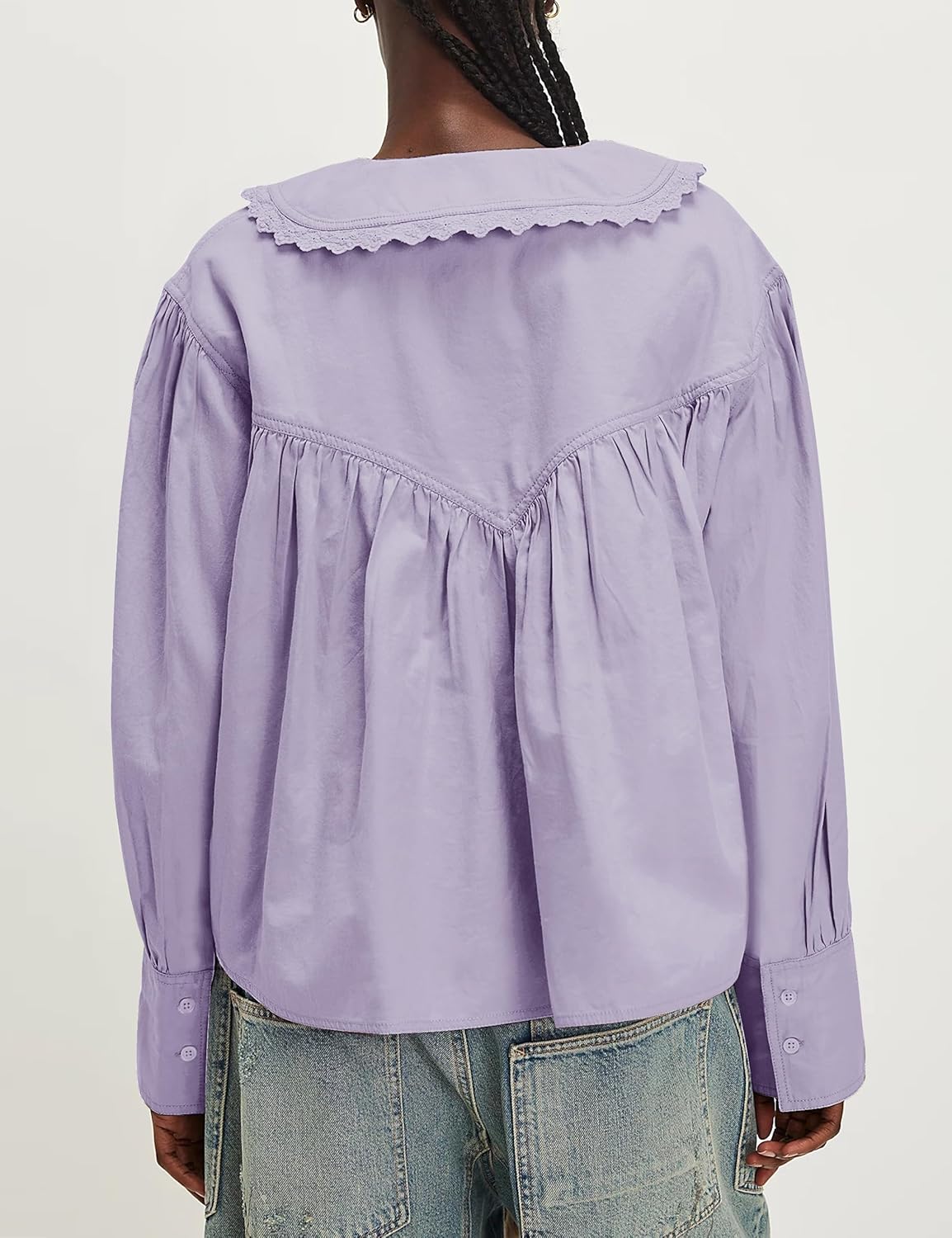 Womens Peter Pan Collar Shirt Cotton Button Down Blouses Lace Trim Loose Fit Casual Work Beach Long Sleeve Shirts - Image 2