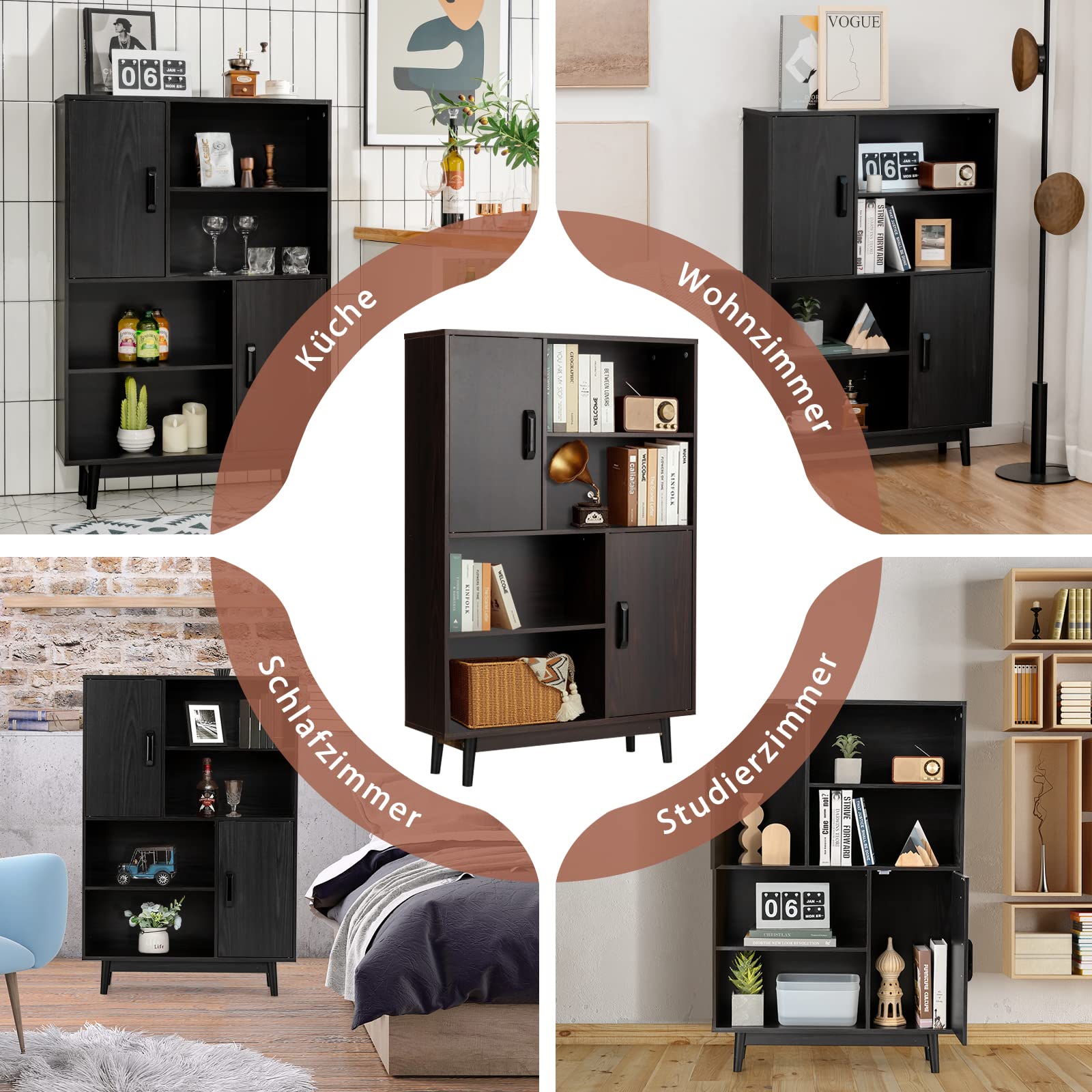 COSTWAY Bücherschrank mit 2 Türen und 4 offenen Regalen, Bücherregal Holz, Standregal, Holzregal, Aufbewahrungsregal für Wohnzimmer, Arbeitszimmer, Küche, 80 x 24 x 120 cm (Schwarz)