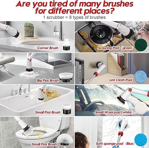 Miniatura 7 de Limpiador giratorio eléctrico recargable de 1200 RPM, limpiador giratorio eléctrico 8 en 1, limpiador inalámbrico para bañera y azulejos, depurador