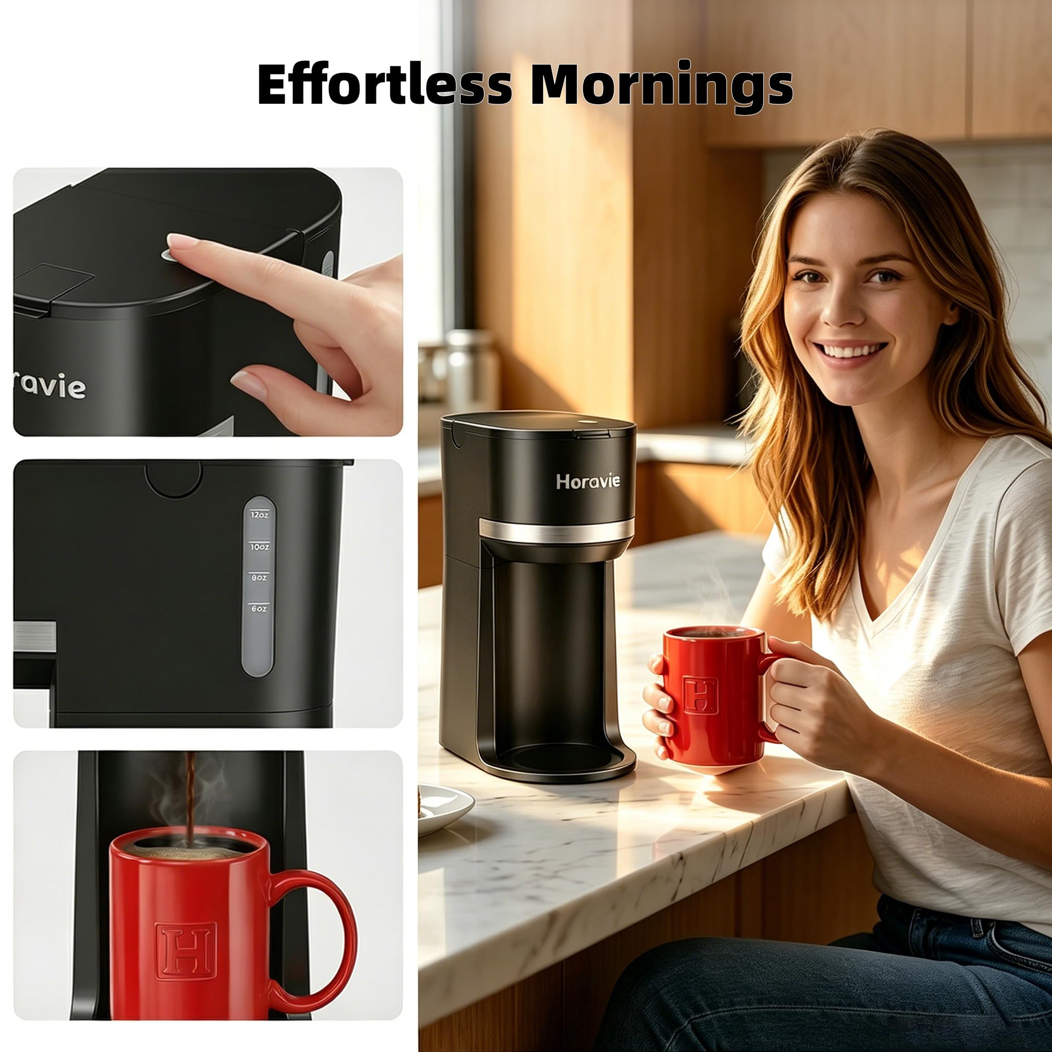 Horavie Mini cafetera de una sola porción para taza K y café molido, máquina de café de una taza de cerveza rápida con recordatorio de descalcificación y ventana de agua, 6 a 12 onzas, tamaños de