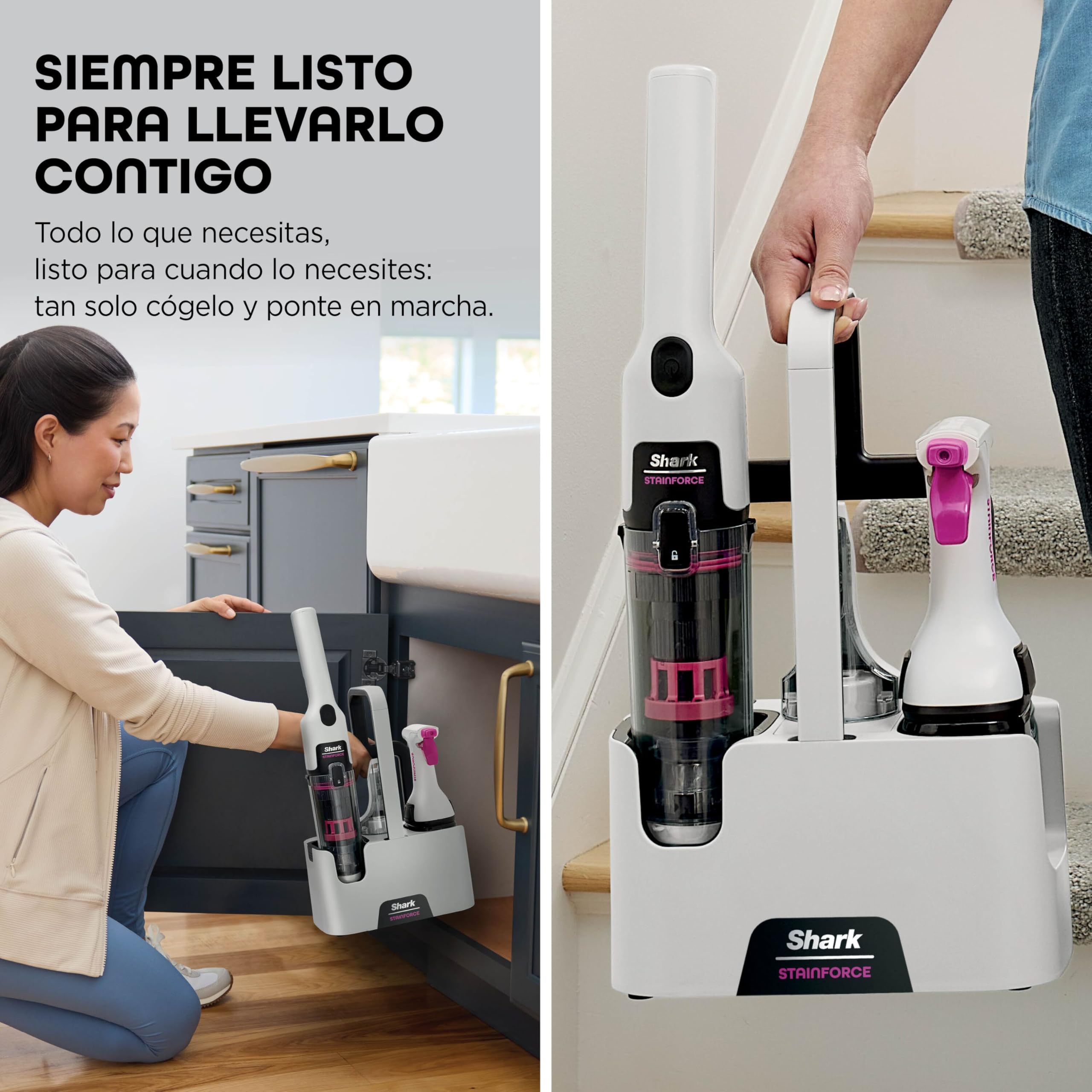 Shark StainForce, Eliminación de manchas y olores en alfombras, moquetas, tapicería, escaleras y coches, diseño ligero y portátil con organizador, accesorios y solución de limpieza total, HX100EUT
